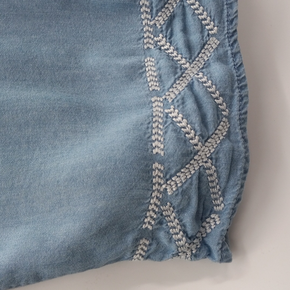 Chambray Ombre Tiered Sleeves Dress Off Shoulder Embroidered Hem by C Est. 1946 - Picture 5 of 10